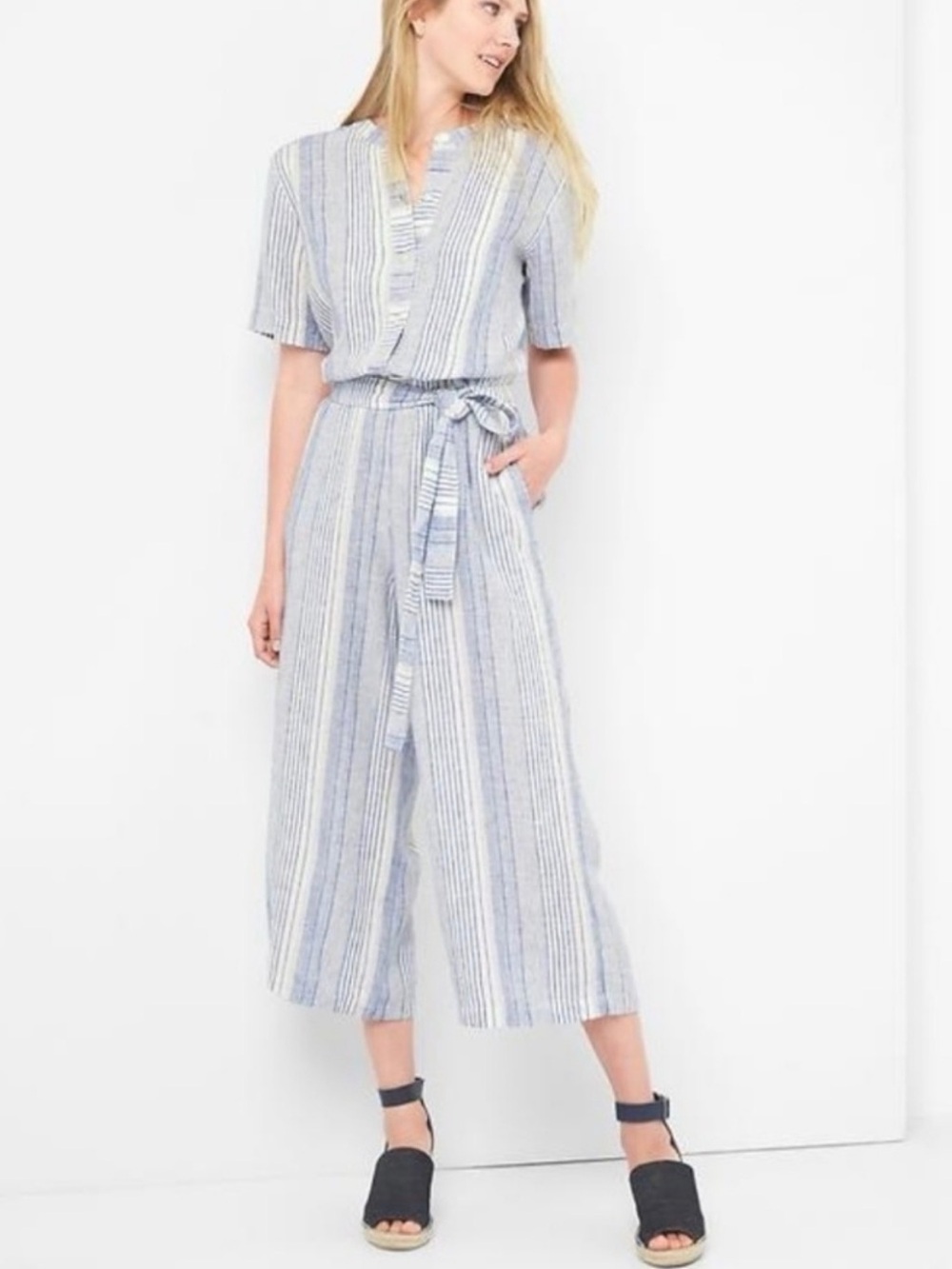 Gap Wide Leg Striped Linen Jumpsuit XL Pockets Nautical Utility Summer Leisure